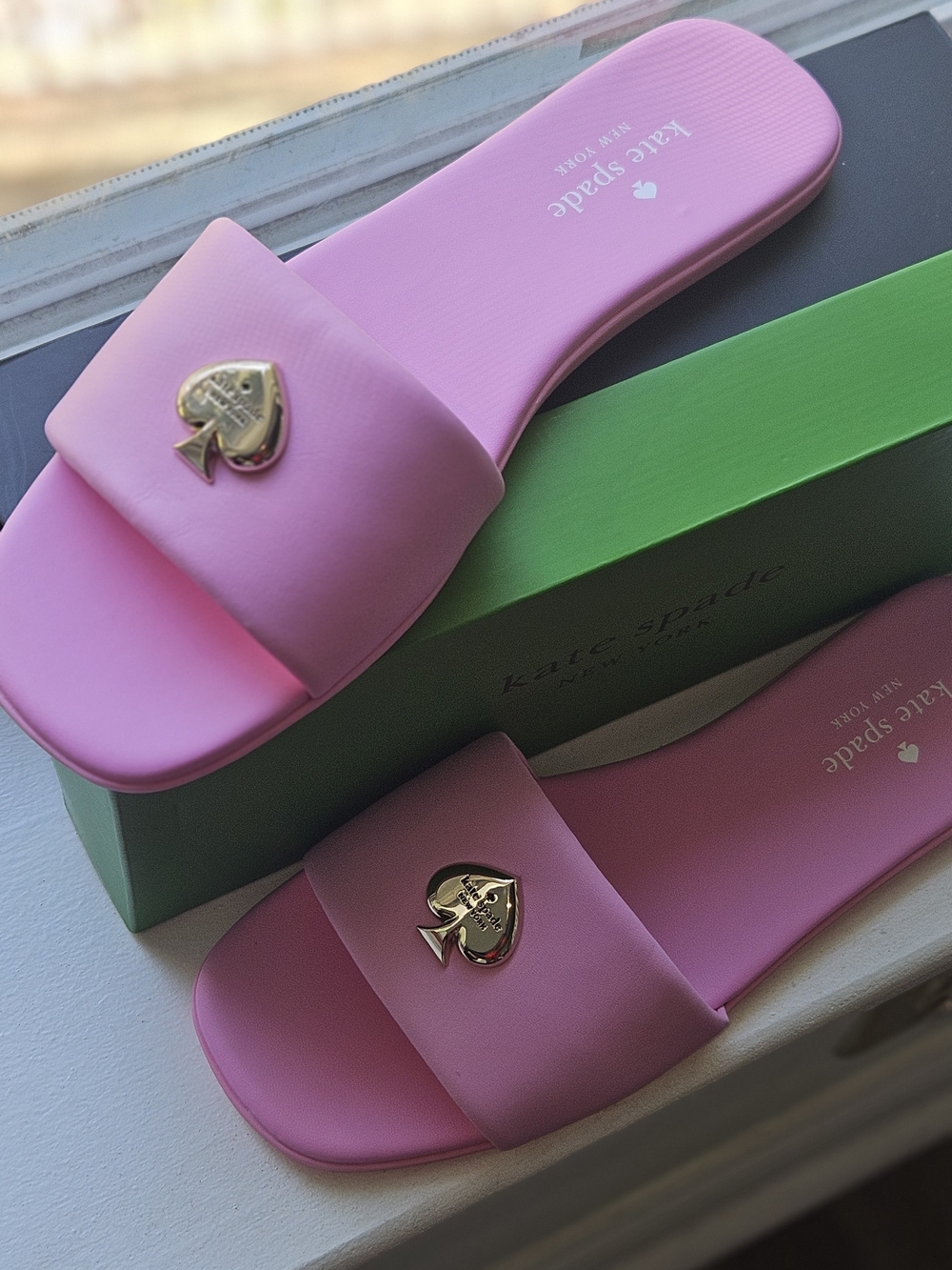 kate spade Pink Slide Sandals with Gold Heart Spade Logo